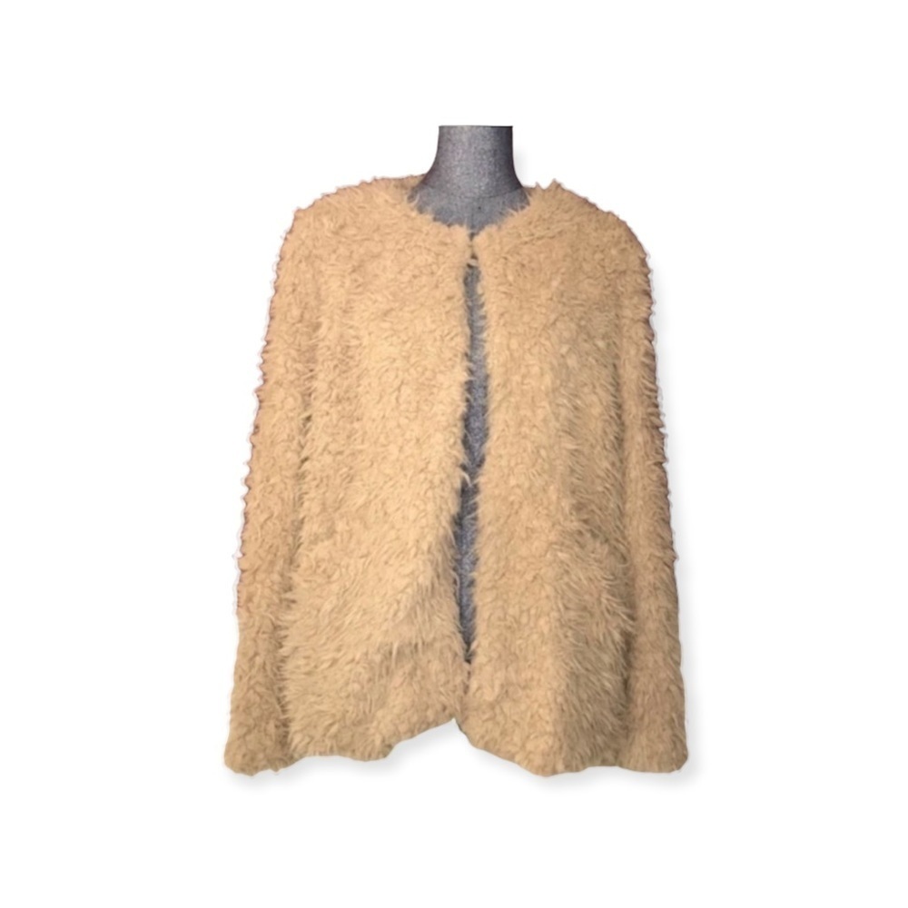 e. Luna tan teddy bear open cardigan with pockets size Medium